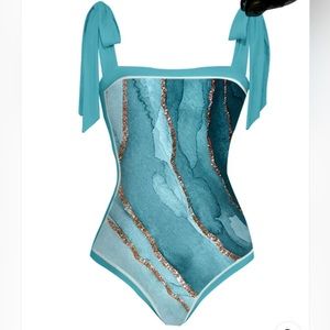Monjj turquoise and Gold one Piece Bathing suit with matching Cover-up